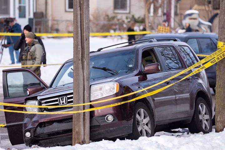 A bullet hole can be seen in the windshield of the SUV Renee Good was driving when she was fatally shot by an ICE agent. Photograph: Alex Kormann/TNS/ZUMA Press Wire/Shutterstock